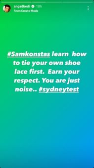 Screenshot of Angad Bedi's Instagram story lashing out at Sam Konstas (Image via - Angad Bedi/IG)